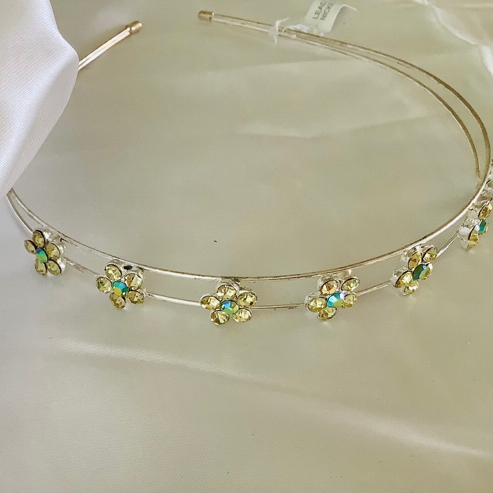 Elegant 5 Yellow Crystal Flowers & Silver Rhinestone Headband